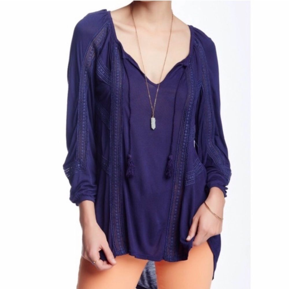 🌟Lucky Brand Blue Eyelet Trim Tie Tassel Peasant Tunic Top Sz XL